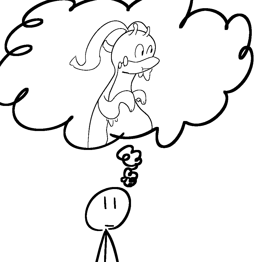 A doodle of a stickfigure thinking about a Goodra.